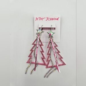 Betsey Johnson Pink Sparkly Holiday Christmas Tree Dangle Earrings